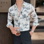 男长袖 春秋2026新款 时尚 痞帅印花衬衫 修身 帅气商务休闲发型0130r