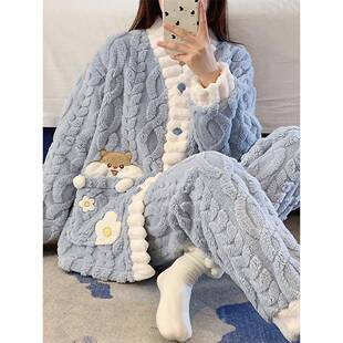 珊瑚绒睡衣女秋冬季加厚保暖时尚2025新款可外穿雾蓝家居1111r