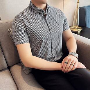 潮流修身 格子衬衫 高端时尚 男短袖 英伦风帅气百搭商务休0605z 夏季