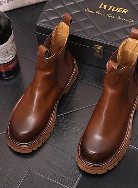 切尔西靴男韩版时尚马丁靴男士套筒高帮皮鞋内增高休闲潮男1103r