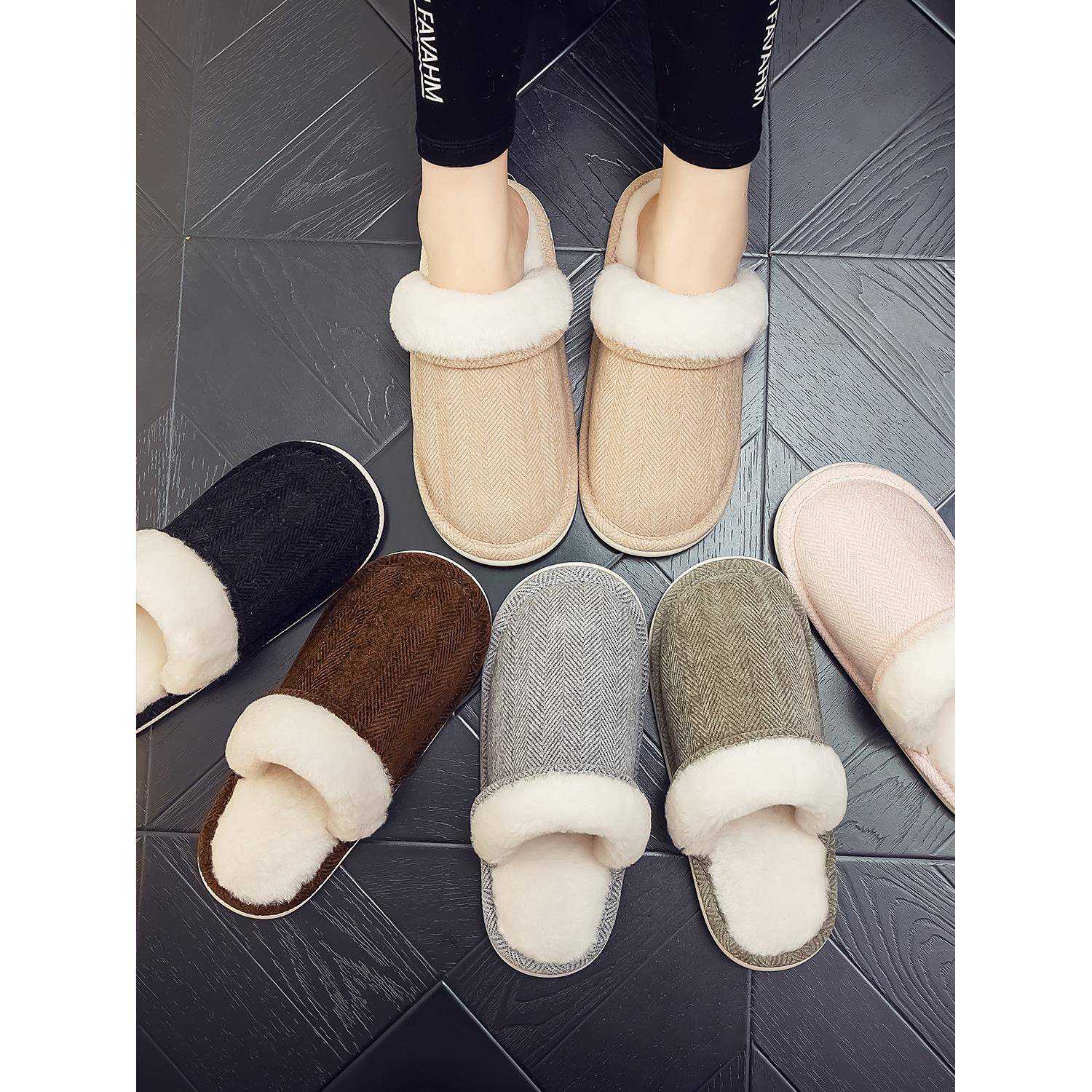 秋冬新款包头毛毛棉拖鞋女居家软底防滑加绒保暖情侣家用拖1004z