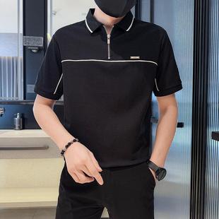 轻熟风修身 2025夏季 黑色商务男士 短袖 帅气0603z T恤翻领线条Polo衫