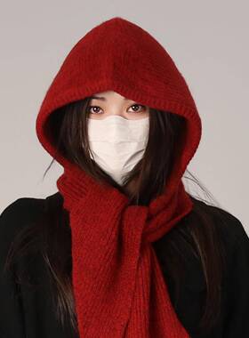 大头红色法帽女冬季保暖护耳针织帽围巾一体毛线帽0117k