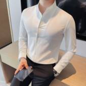 商务休闲正装 中式 痞帅白0130r 高级感2026新款 修身 立领衬衫 男长袖