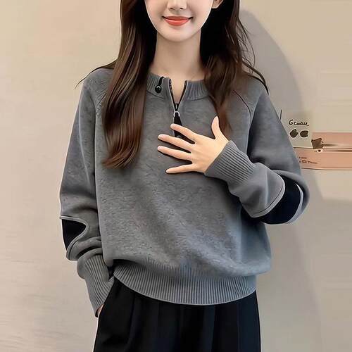 上衣灰色圆领半拉链套头毛衣女春冬新款高级感宽松休闲针织1007d