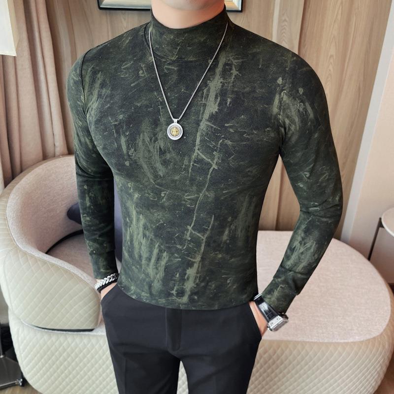 秋冬2025新款半高领t恤男长袖百搭扎染印花韩版修身中领打底1023z