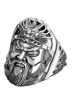 泰银风格戒指男925纯银古将关羽关公戒指关二爷武财神复古霸气