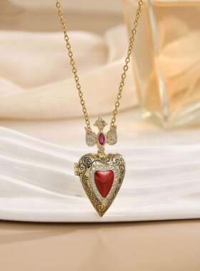 情人节小众设计爱心相盒项链开合桃心吊坠锁骨链铜镀真金女式全新