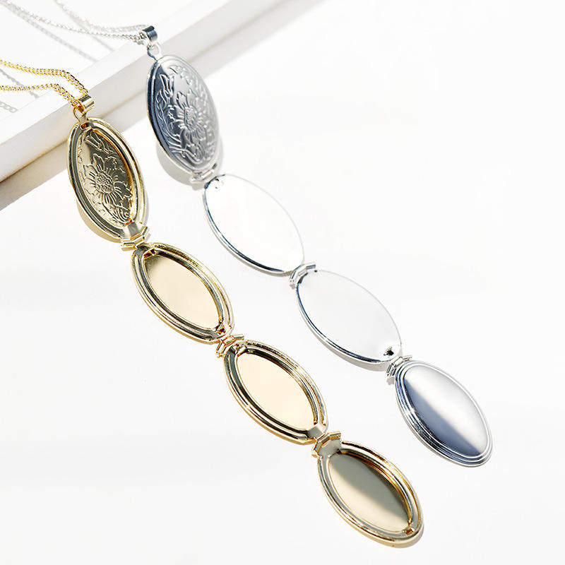 外贸欧美花纹相盒多层四折叠相盒可打开放照片吊坠项链不锈钢链条