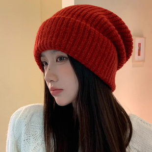 大头围毛线帽子女韩版纯色宽松百搭针织帽秋冬季保暖显脸小护耳帽