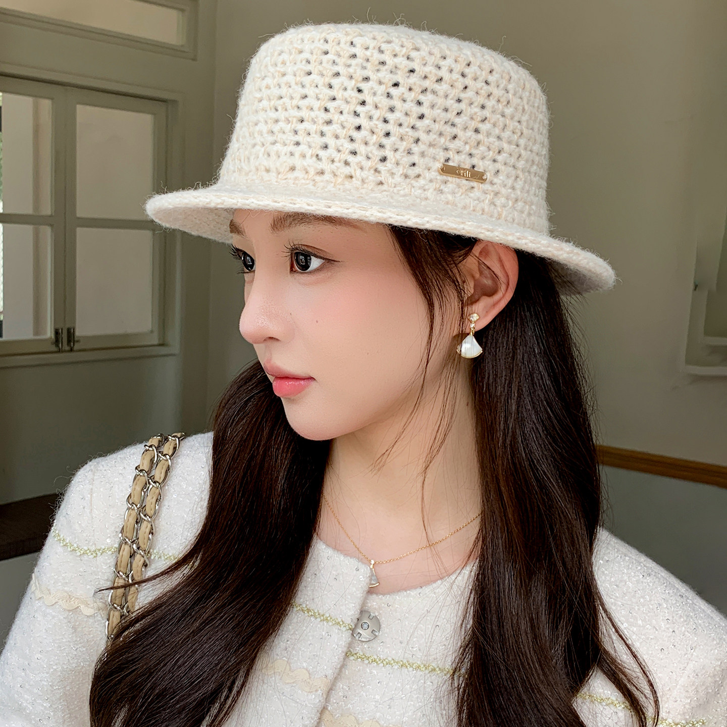 优雅平顶帽子女款2026新款宽檐百搭显脸小防晒遮阳针织礼帽渔夫帽