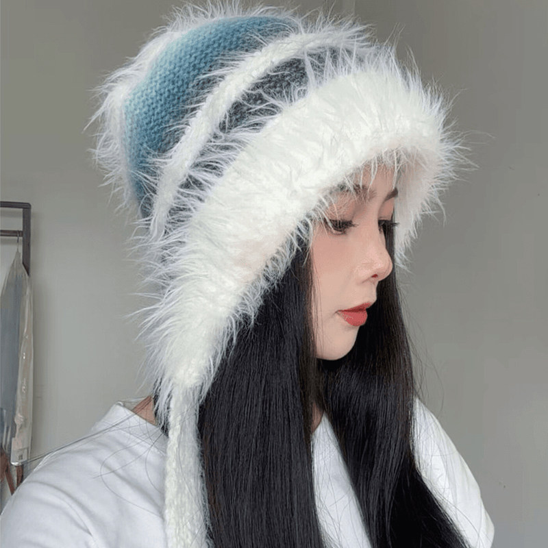 日系渐变彩色复古针织系带雷锋帽女秋冬保暖条纹毛绒帽防寒护耳帽