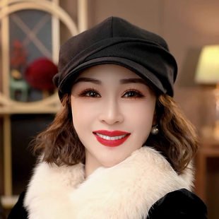 2026新款羊毛呢纯色褶皱八角帽子女秋冬季百搭保暖护耳气质报童帽