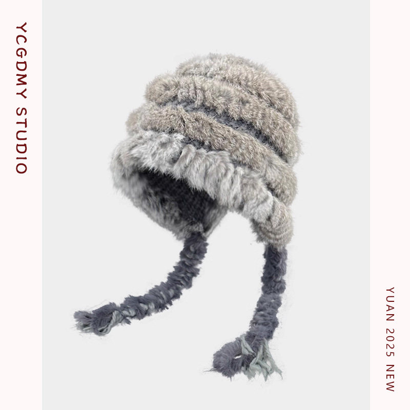 2025新款兔毛针织帽子女秋冬季氛围感保暖护耳毛绒帽显脸小包头帽