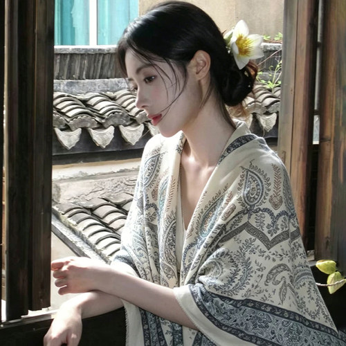 民族风印花棉麻夏季防晒斗篷披肩