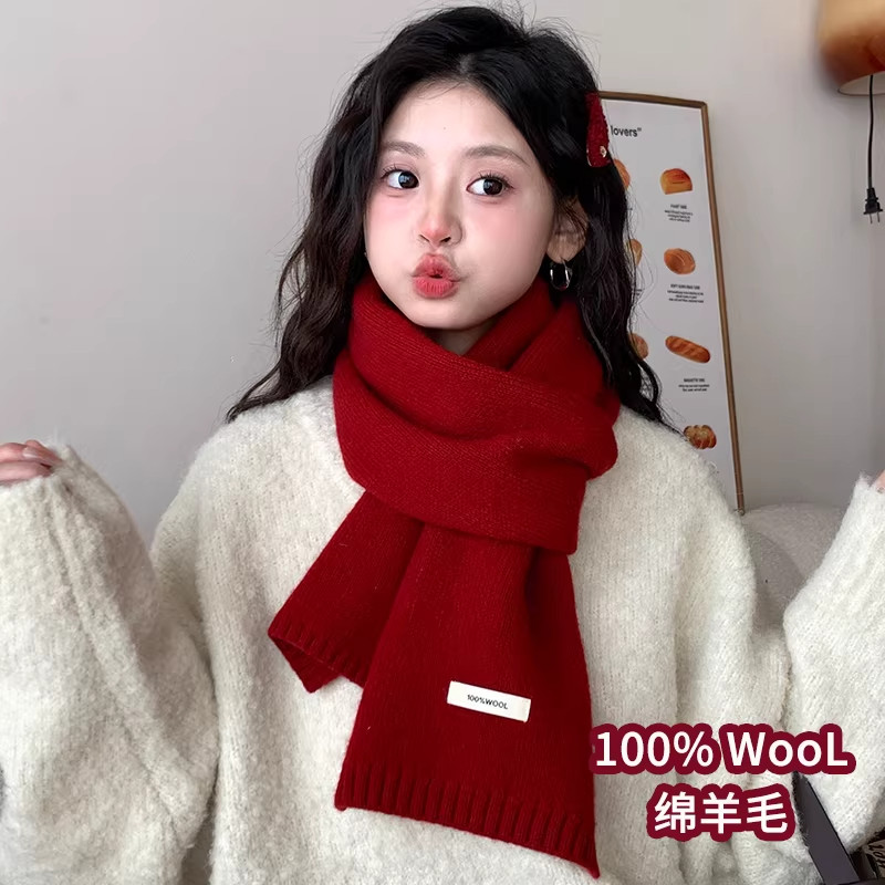 100%绵羊毛新年红针织围巾女秋冬季韩系百搭保暖加厚学生情侣围脖