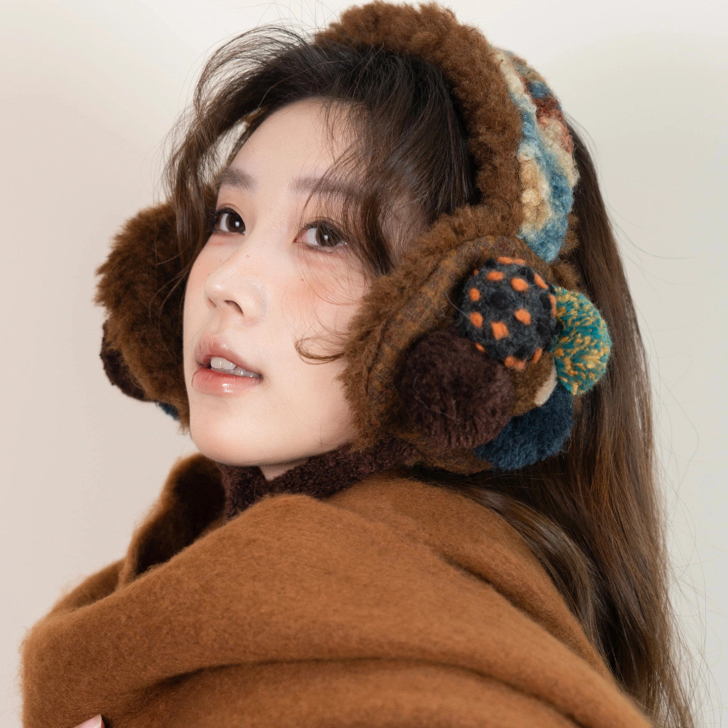 韩系美拉德蓝色纹理毛绒耳罩女