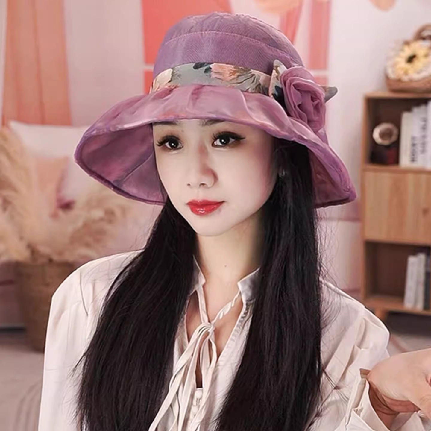 春夏季薄款欧根纱渔夫帽子女中老年花朵大檐防晒遮阳帽可折叠盆帽