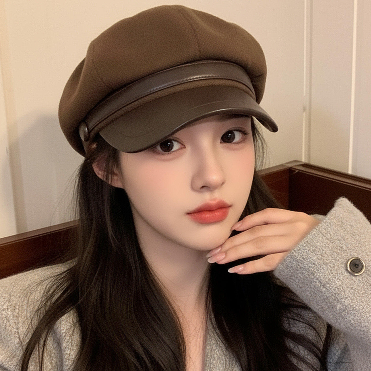 英伦百搭显脸小大头围贝雷帽女