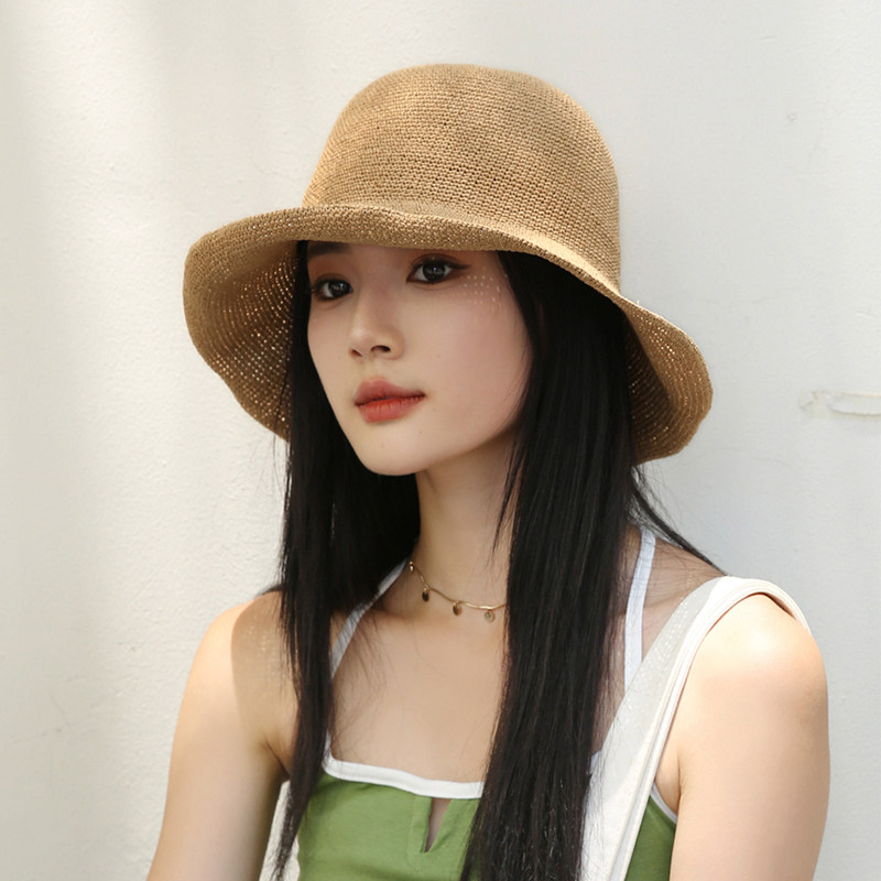 夏细勾针遮阳帽纯手工细草渔夫帽夏季仙女出游圆顶草帽防晒遮阳帽