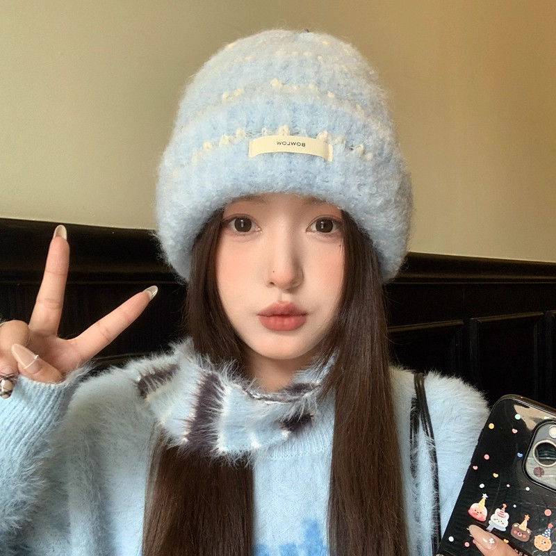 韩系拼色条纹针织帽子女2025新款冬季加厚保暖毛线帽防寒包头冷帽