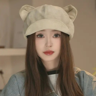 百搭显脸小八角帽 时尚 2025新款 麂皮绒小猫耳朵宽檐贝雷帽女春秋季