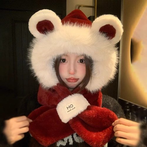 帽子围巾一体可爱小熊保暖休闲