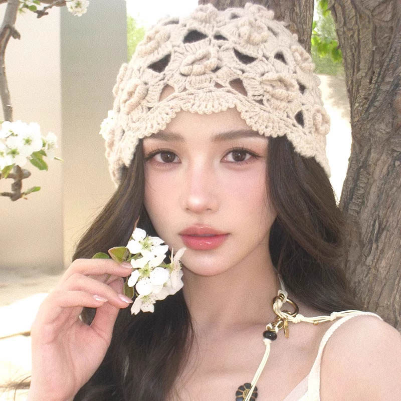 手工钩花镂空针织帽子女款夏季薄款透气时尚复古百搭名族风包头帽