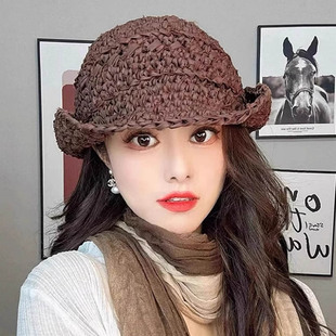 手工编织卷边草编渔夫帽女2025新款夏季镂空透气高级感防晒遮阳帽