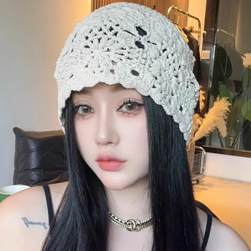 日系手工编织包头帽子女春秋薄款镂空毛线帽复古文艺针织帽堆堆帽