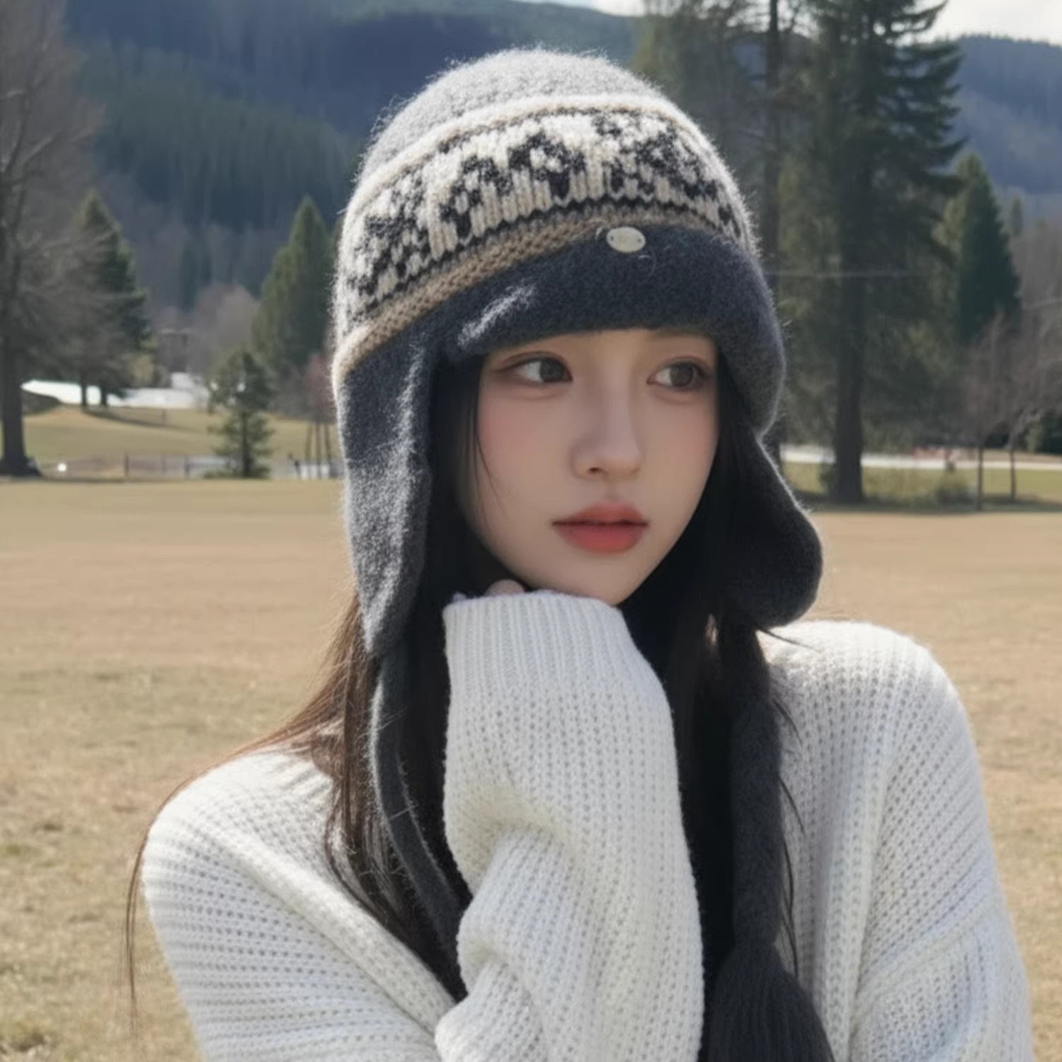 费尔岛风复古提花保暖针织帽子女