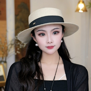 法式复古简约平顶草帽子女款夏季防晒遮阳帽显气质时尚百搭太阳帽