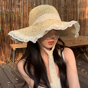 草帽ins系带镂空草编帽女夏出游防晒沙滩海边太阳帽蕾丝边遮阳帽