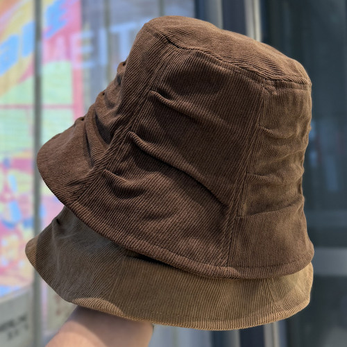 复古灯芯绒褶皱渔夫帽女遮阳显脸