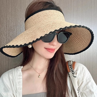 姜妍同款 海邊度假遮陽帽大檐可折疊太陽帽 草編空頂防曬帽子女夏季