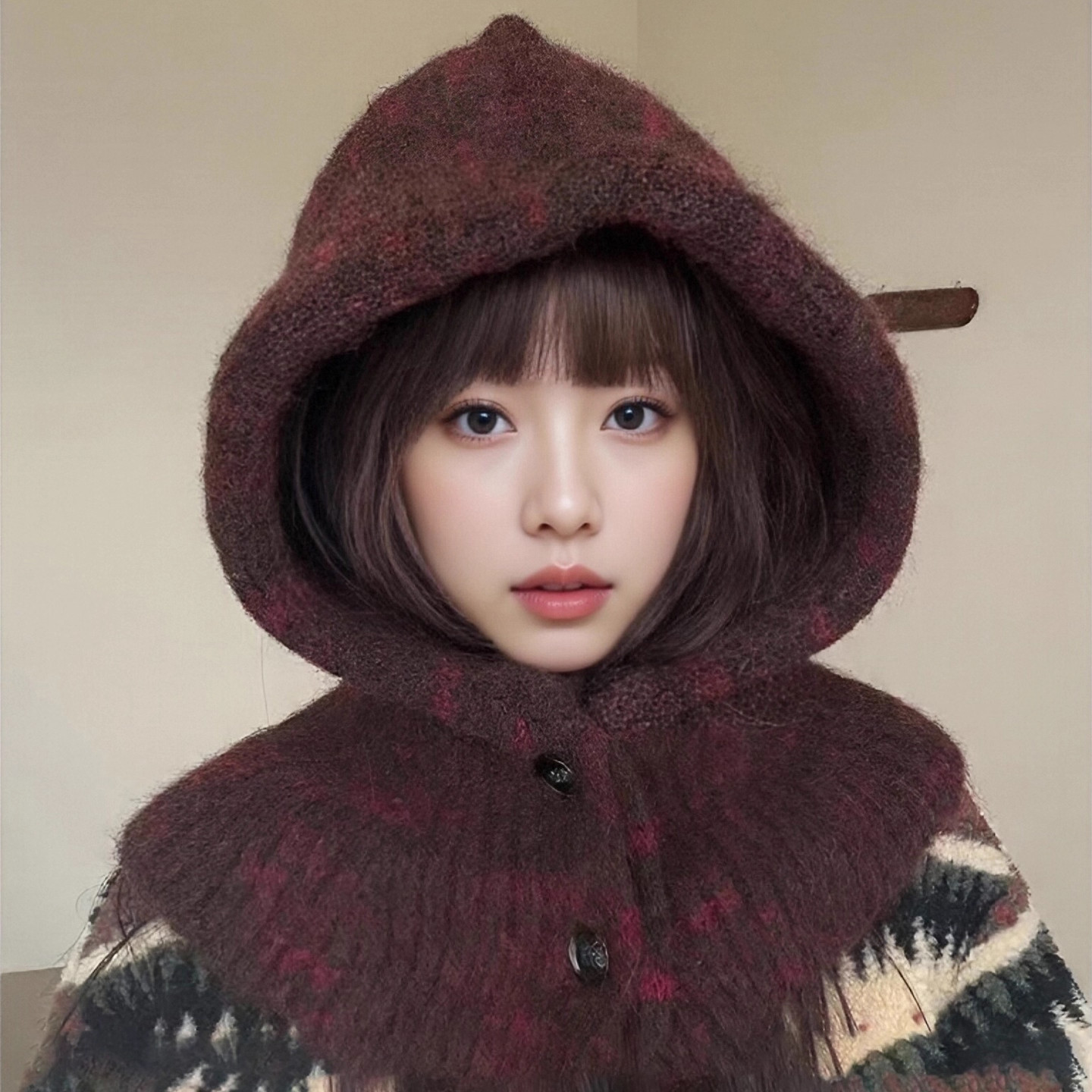 混色羊毛混纺针织帽女2025新款秋冬季巴拉克拉法帽围脖一体毛线帽