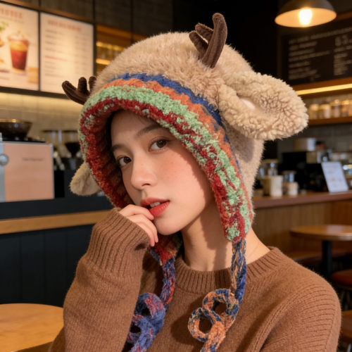 毛线帽逛街甜美女秋冬季可爱鹿角