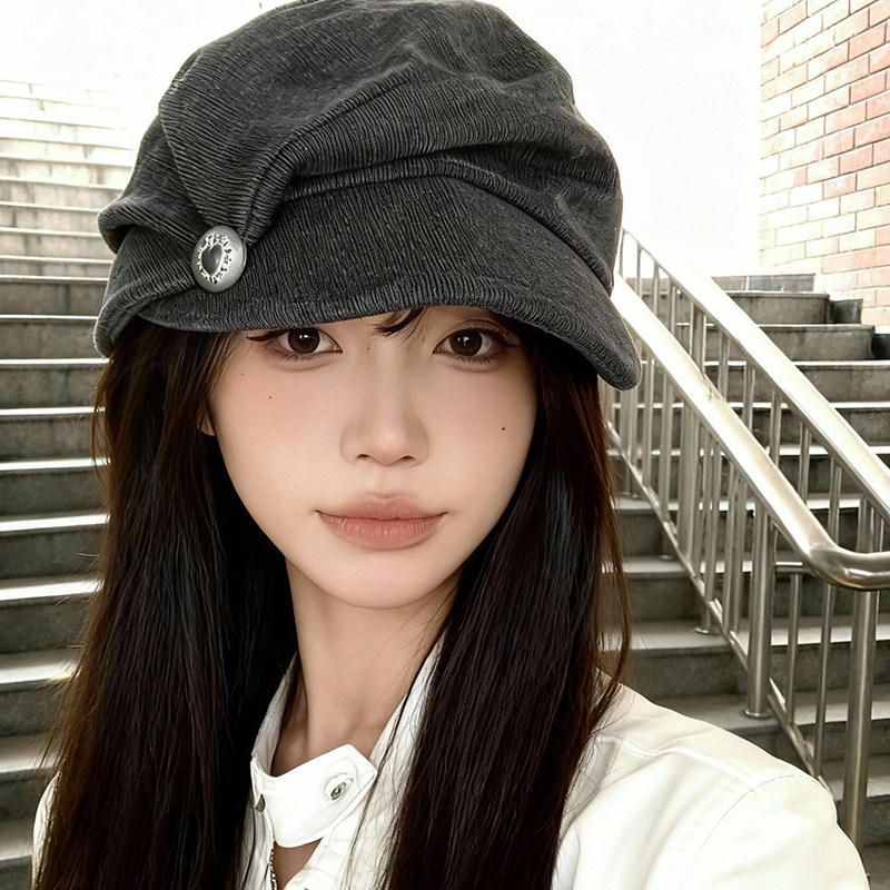 韩版复古褶皱八角帽秋季帽子女款文艺风百搭贝雷帽宽檐休闲画家帽