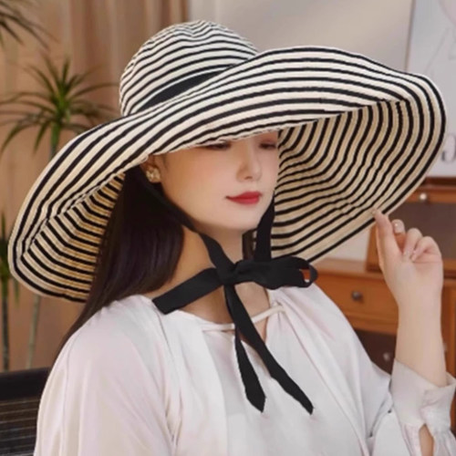 超大帽檐条纹渔夫帽夏季帽子女款户外海边沙滩防晒帽遮阳帽太阳帽
