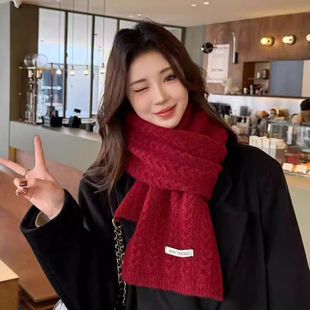 韩系新年红色纯羊毛围巾女士冬季高级氛围感针织保暖百搭羊绒围脖