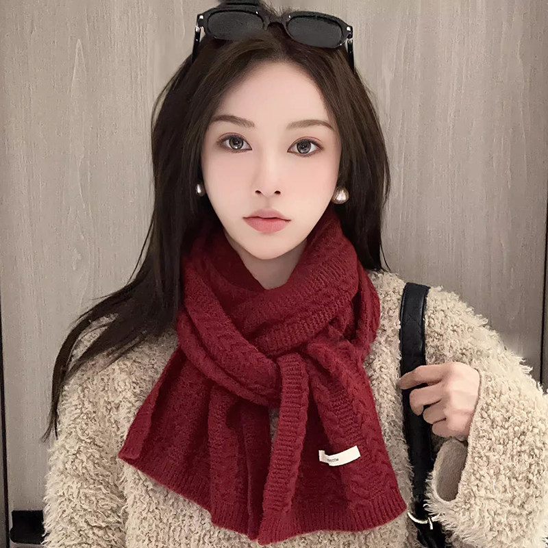 羊毛混纺针织毛线围巾女款2025秋冬韩版百搭保暖防寒纯色麻花围脖