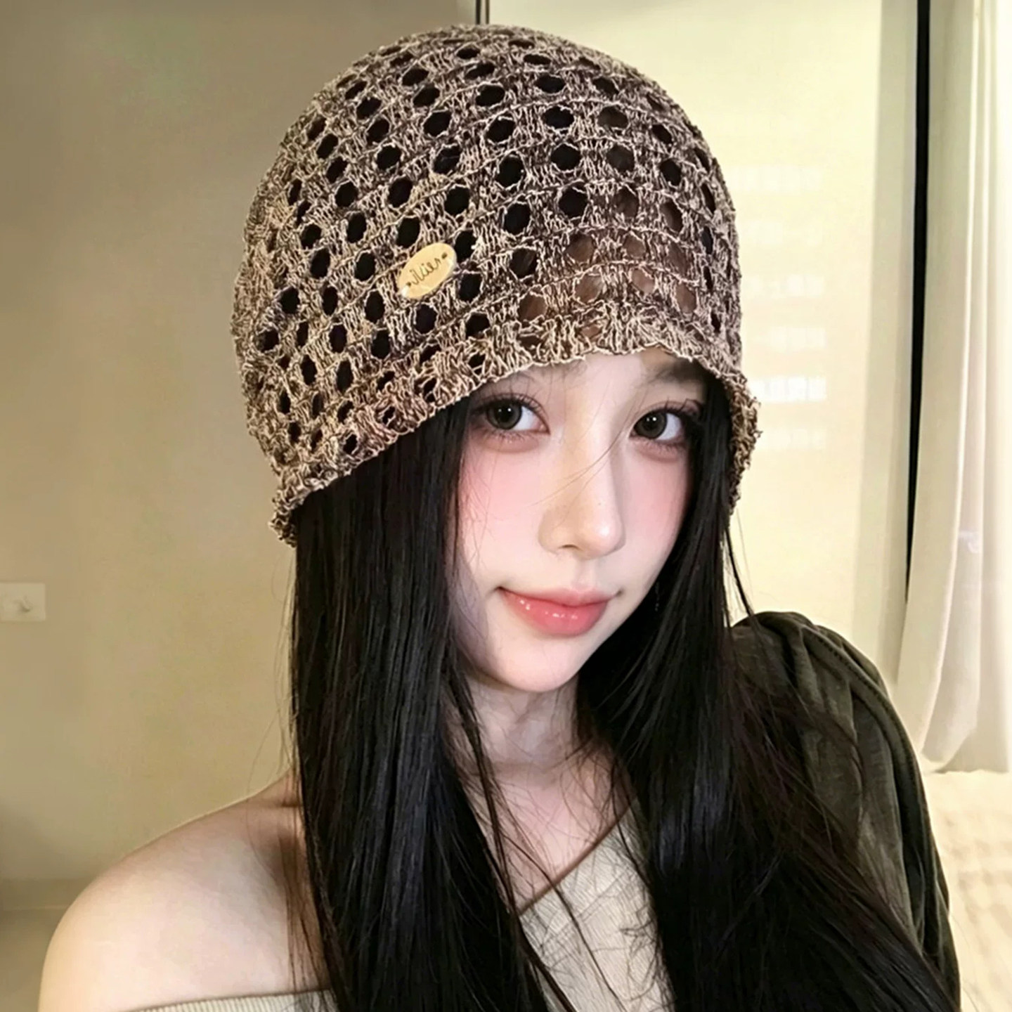 日系复古手工钩织镂空堆堆帽女