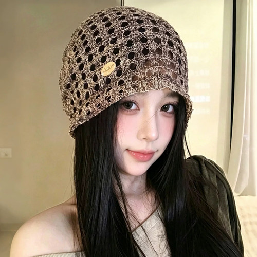 日系复古手工钩织镂空堆堆帽女