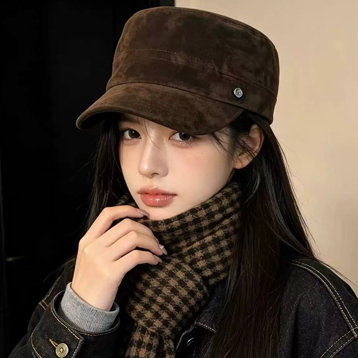 韩版复古麂皮绒显脸小马术帽女