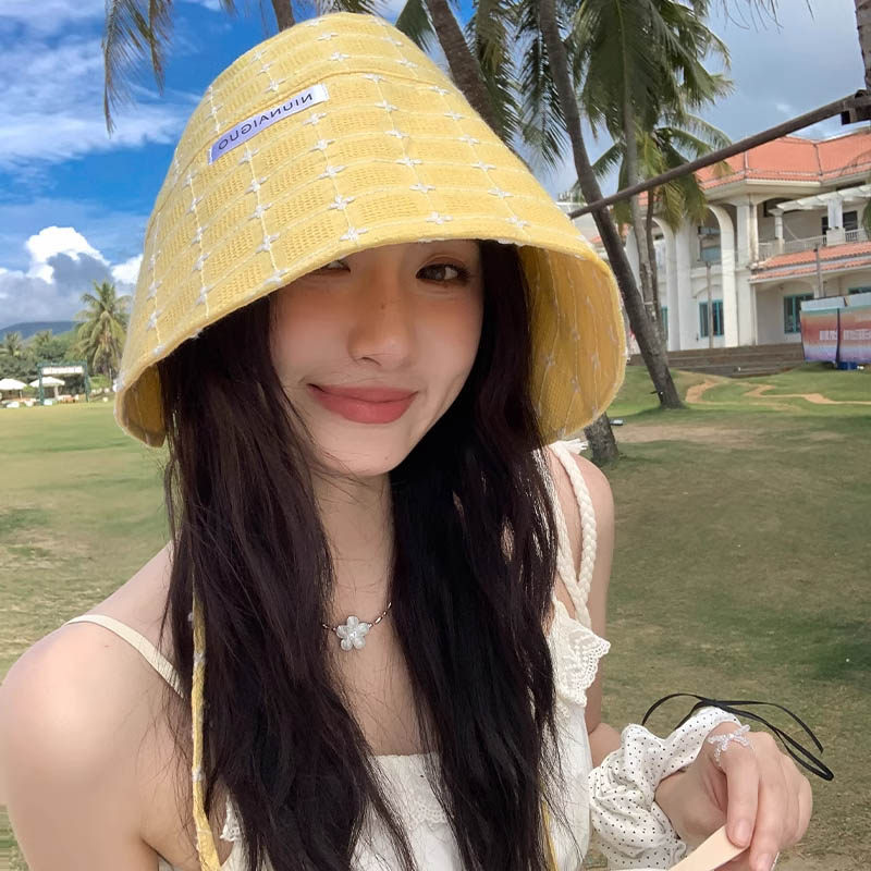 花朵刺绣黄色格子渔夫帽子女2026