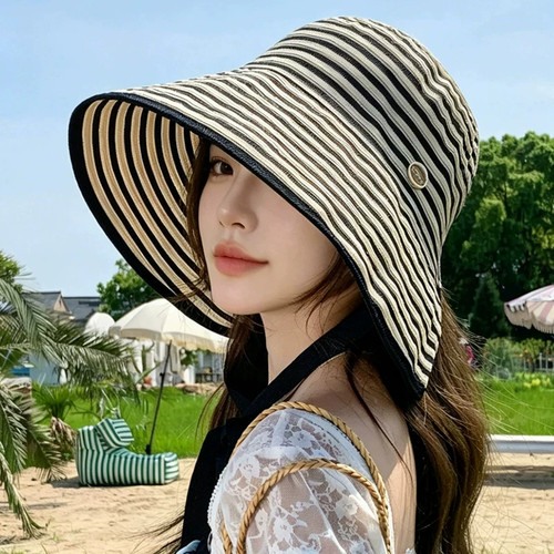 夏季条纹全脸防晒大檐渔夫帽女