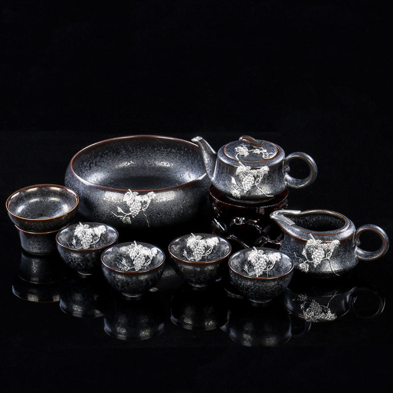 甲盏窑 李甲栈正品七彩天目银瓷手工银饰建盏功夫茶具套装 送礼