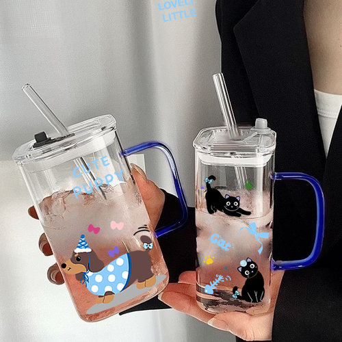 方形玻璃吸管杯透明水杯带手柄
