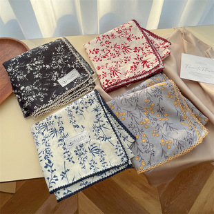 新款 护颈巾女士头巾碎花复古 纯棉纱围巾黑米小方巾丝巾发带春夏季
