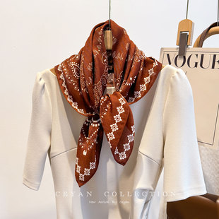 橙色腰果花棉麻发带丝巾70小方巾女薄款围巾领巾仿丝毛头巾领巾